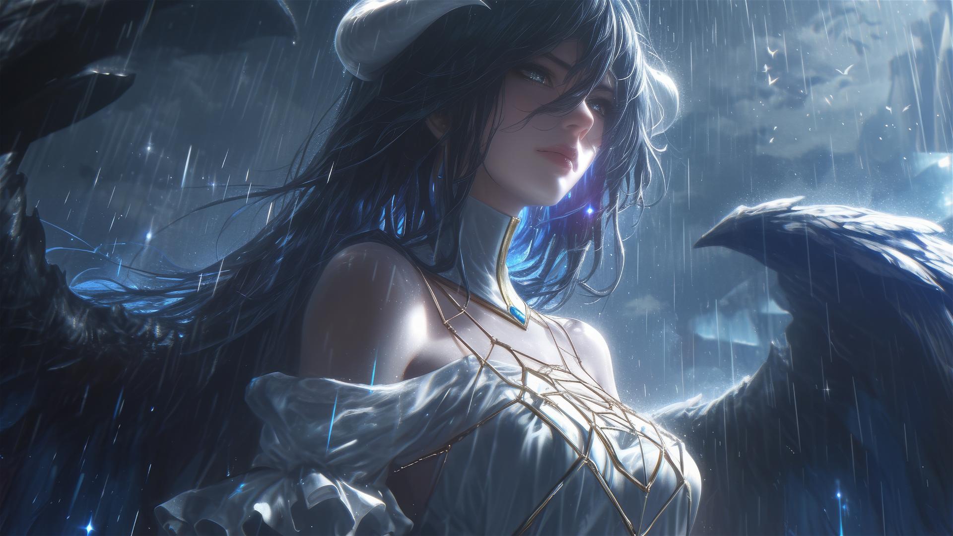 Albedo from Overlord in white standing in rain with moonlight glow