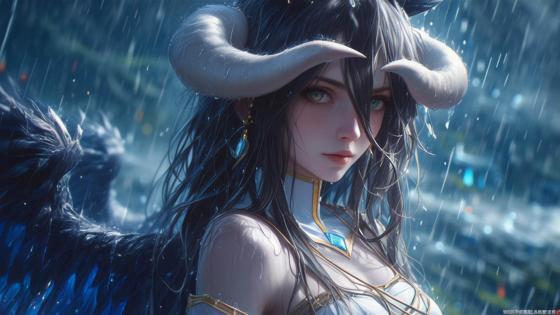 Albedo from Overlord in a rainy setting with moonlight and bunny pose
