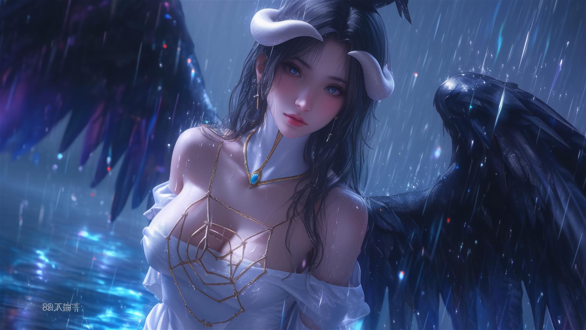 Albedo in white under moonlit rainy night in bunny pose with reflection