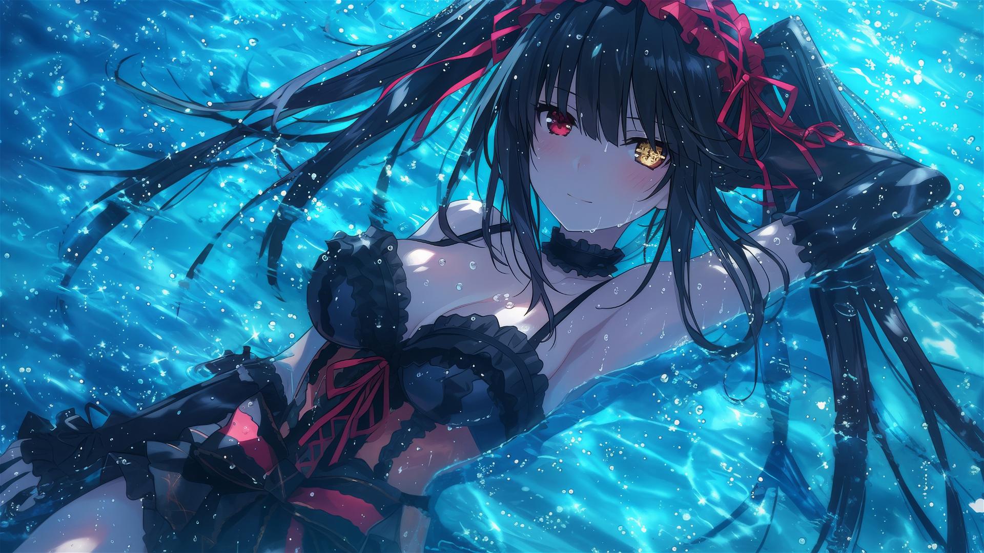 Kurumi Tokisaki from Date A Live in a rainy pool under moonlight
