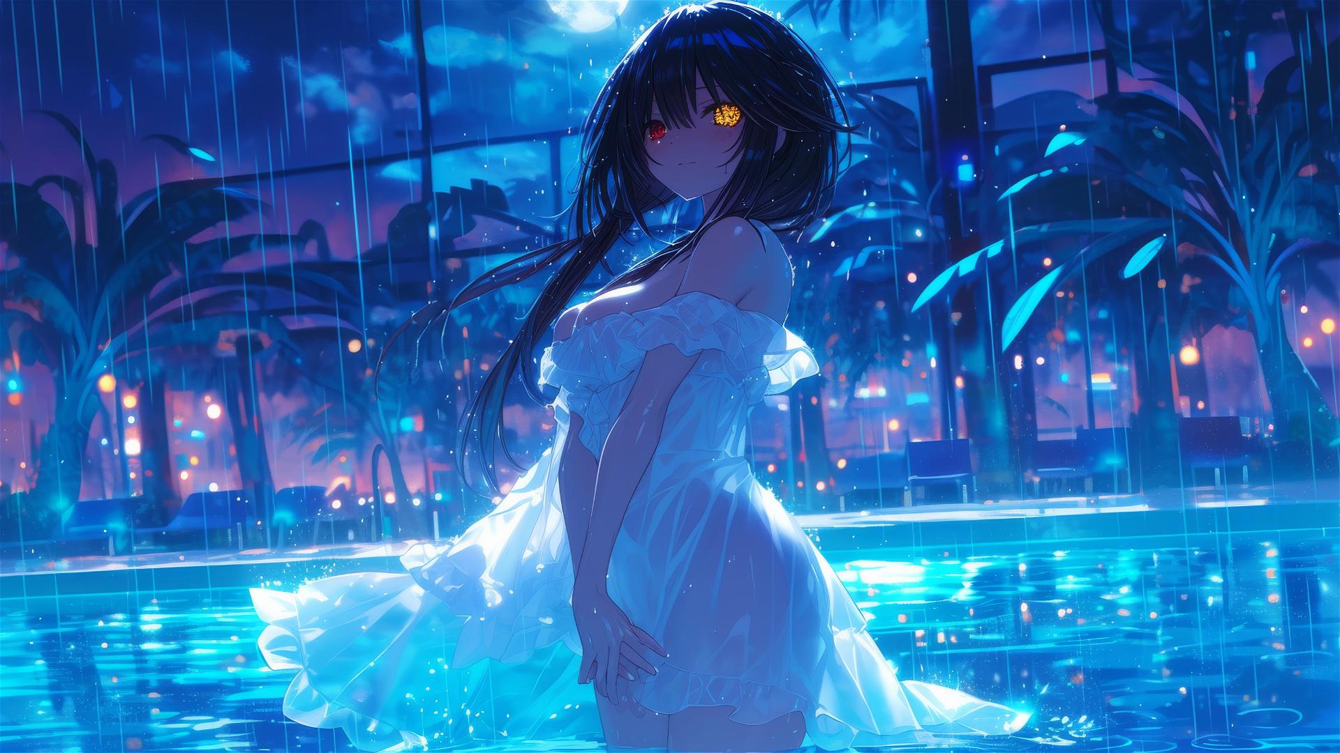 Kurumi Tokisaki standing in a rainy pool with moon glow, in white dress, red right eye, yellow left eye.