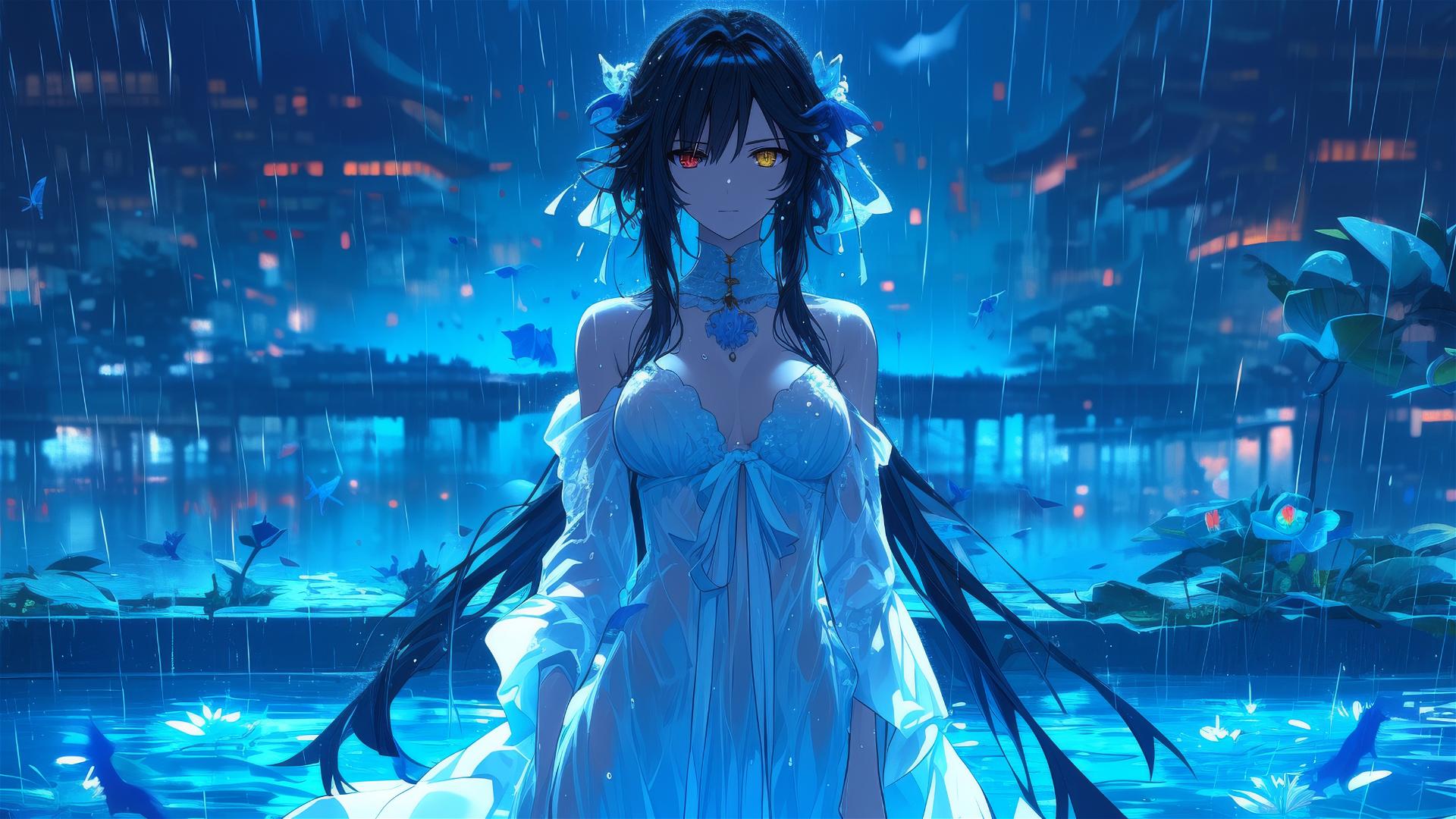 Kurumi Tokisaki in white dress standing in rainy pool under moonlight, red and yellow eyes