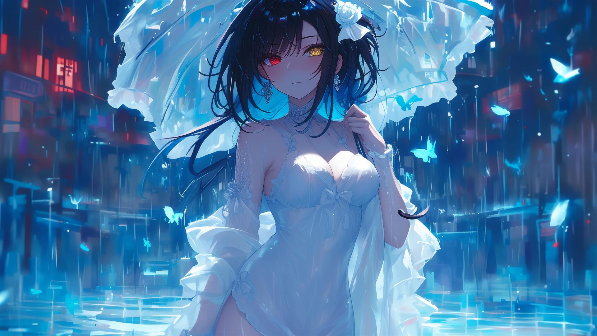 Kurumi Tokisaki from Date A Live in a rainy pool under moonlight, white dress, heterochromia eyes.