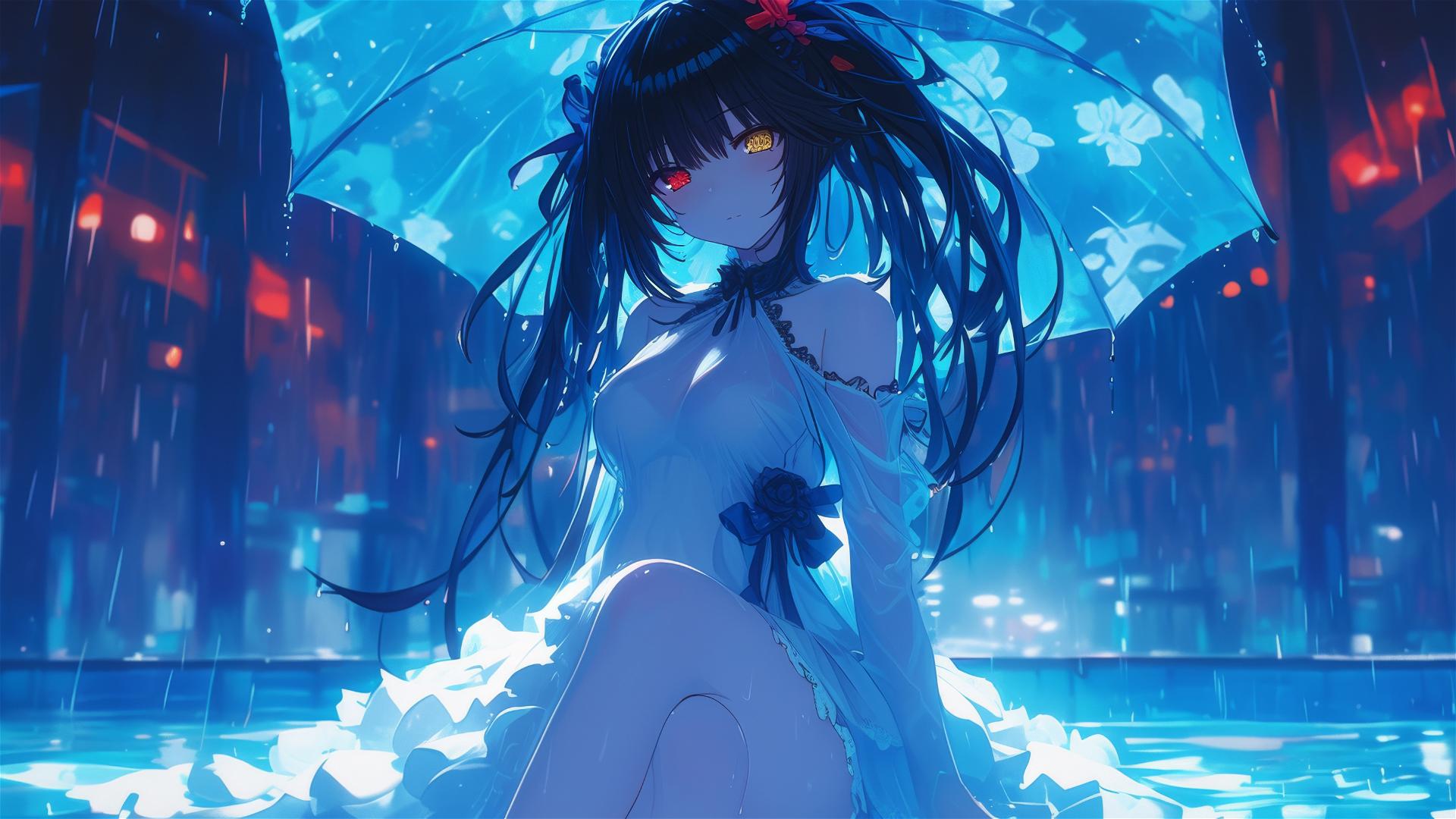 Kurumi Tokisaki from Date A Live standing in a moonlit rainy pool, dressed in white, red and yellow eyes