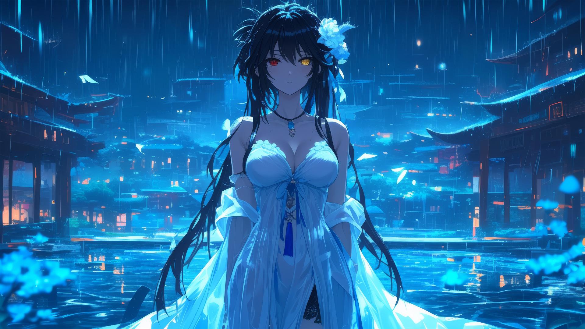 Kurumi Tokisaki from Date A Live standing in a rainy pool under moonlight, white dress, heterochromatic eyes