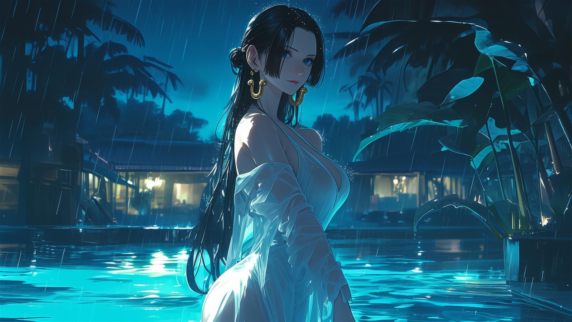 Boa Hancock in rainy pool under moonlight in white dress