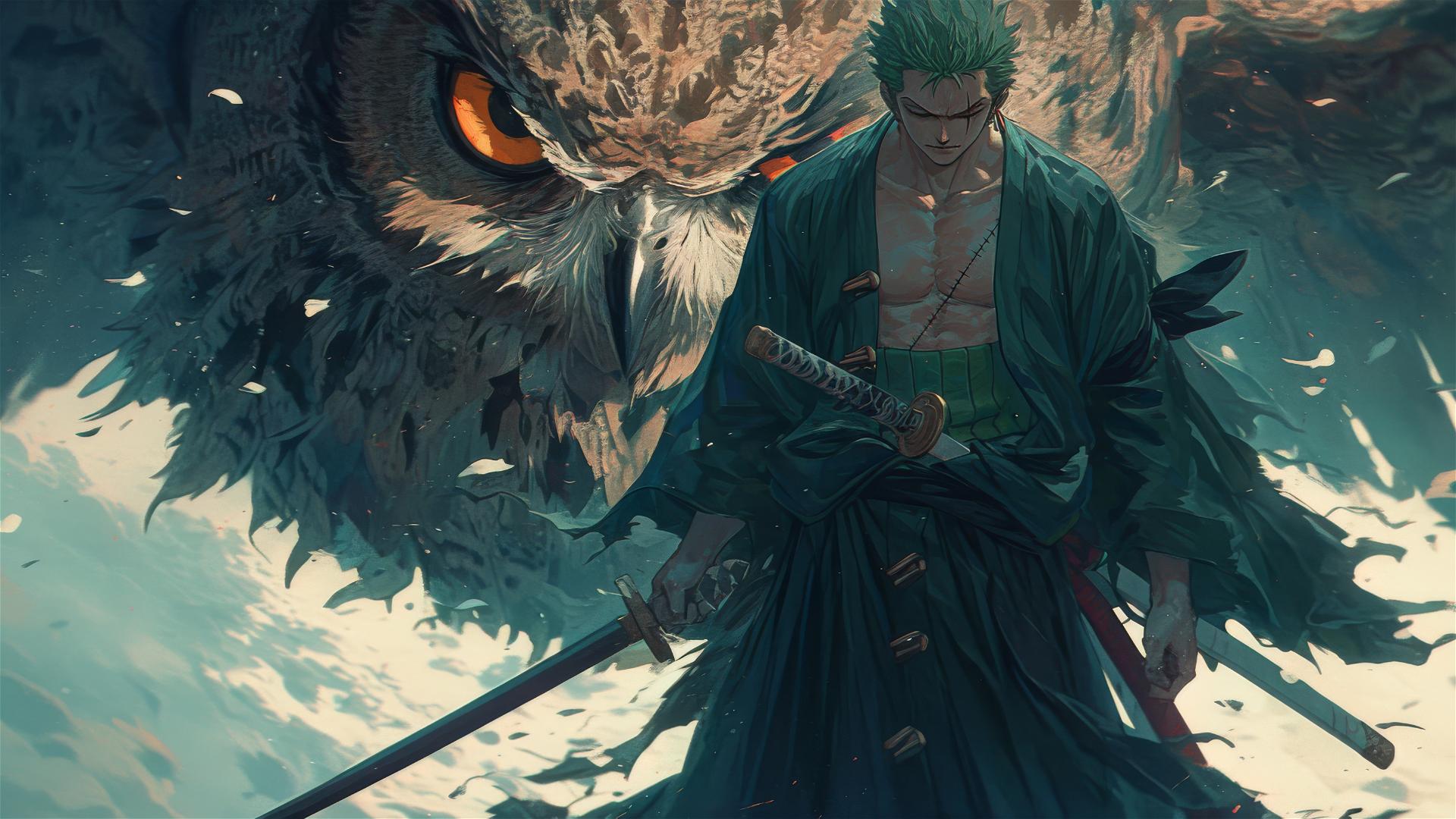 Roronoa Zoro reflected in owl's eye, perched in foggy night tree