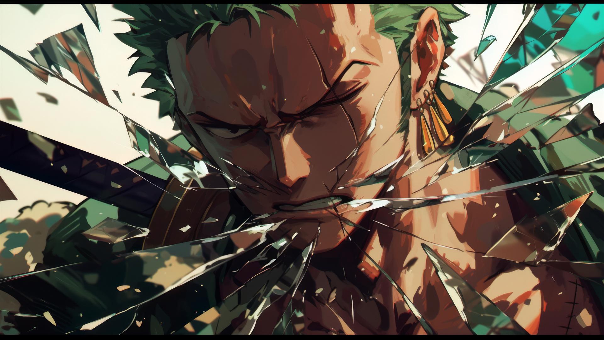 Roronoa Zoro from One Piece in fractured stained glass
