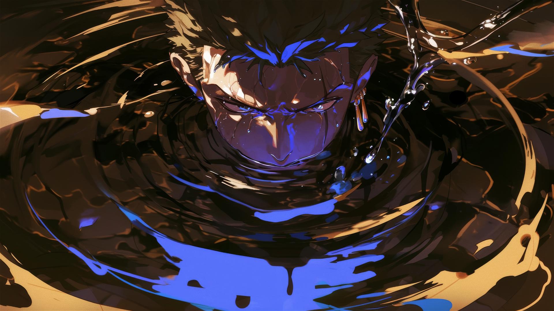 Roronoa Zoro reflected in oil pool with distorted battle stance