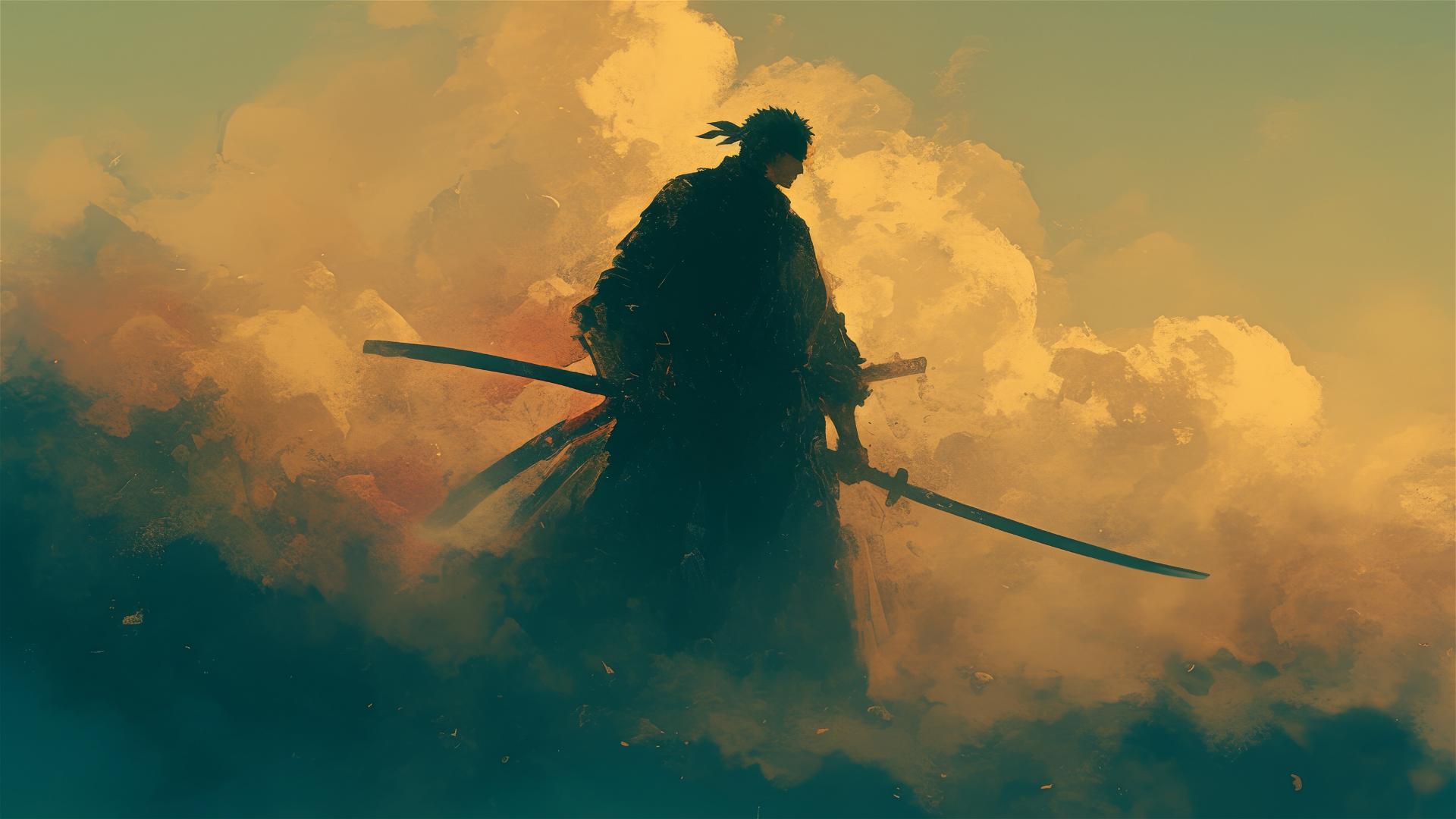 Roronoa Zoro from One Piece emerges ghostlike through battlefield smoke