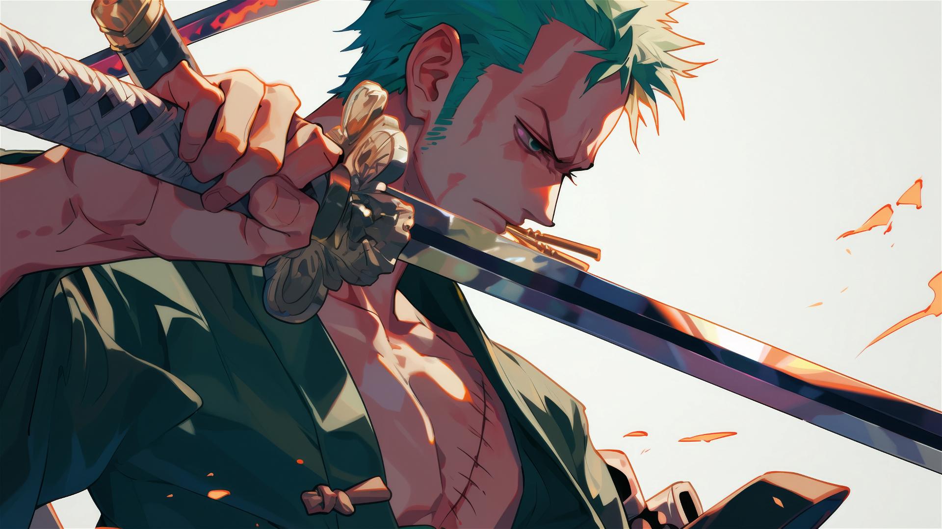 Zoro from One Piece viewed from his sword's perspective, showcasing determination