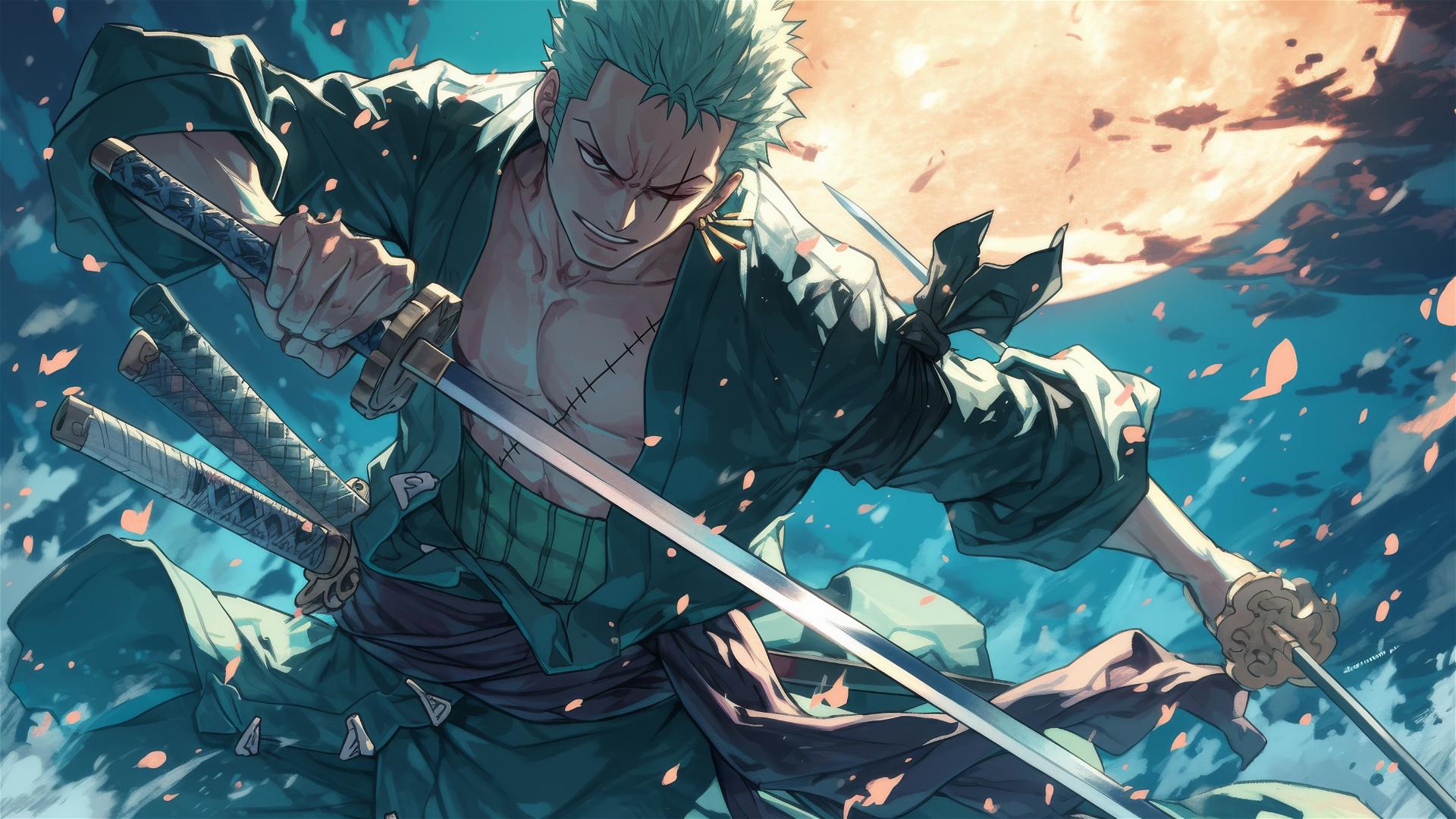 Roronoa Zoro unsheathing swords under moonlight
