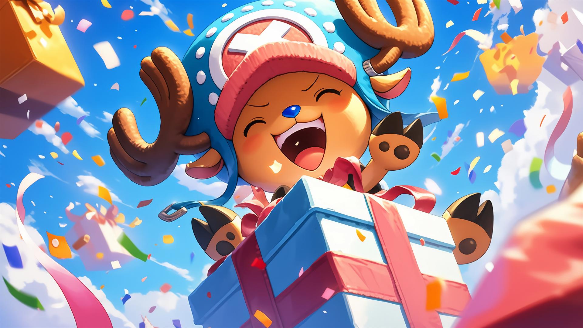 Tony Tony Chopper from One Piece in a giant gift box, laughing