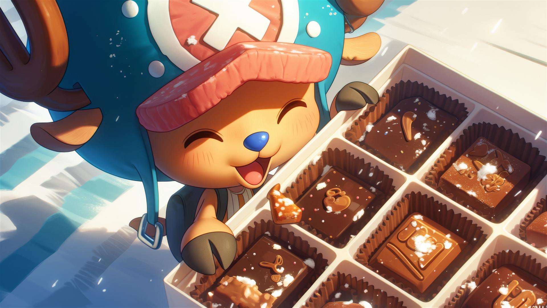 Tony Tony Chopper from One Piece tasting various chocolates