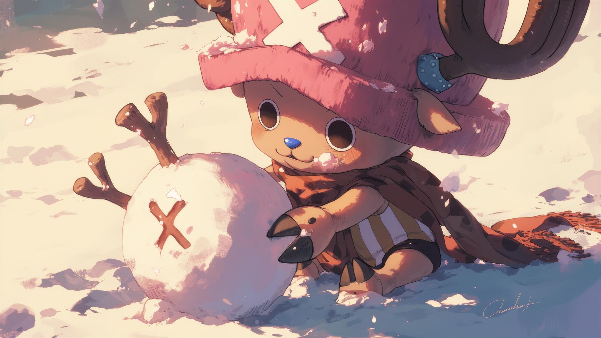 Tony Tony Chopper with snowman in matching scarves