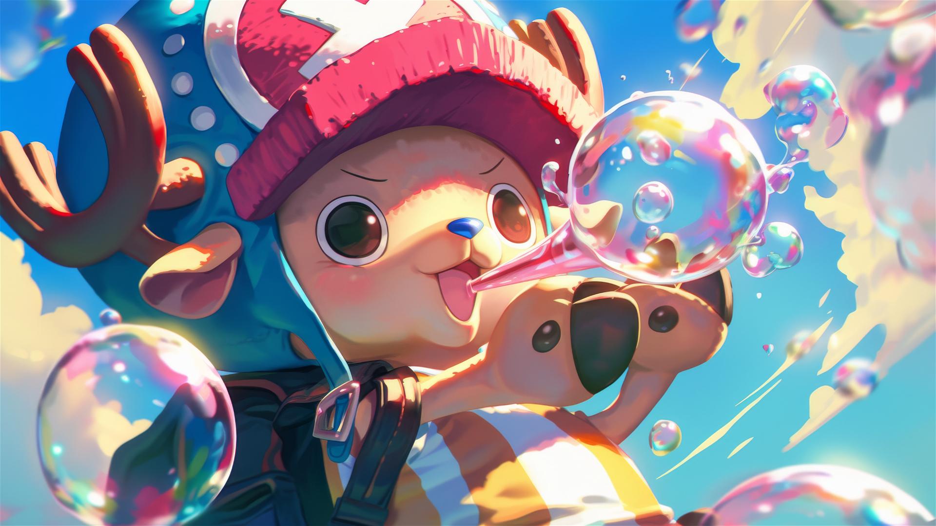 Tony Tony Chopper from One Piece blowing iridescent bubbles