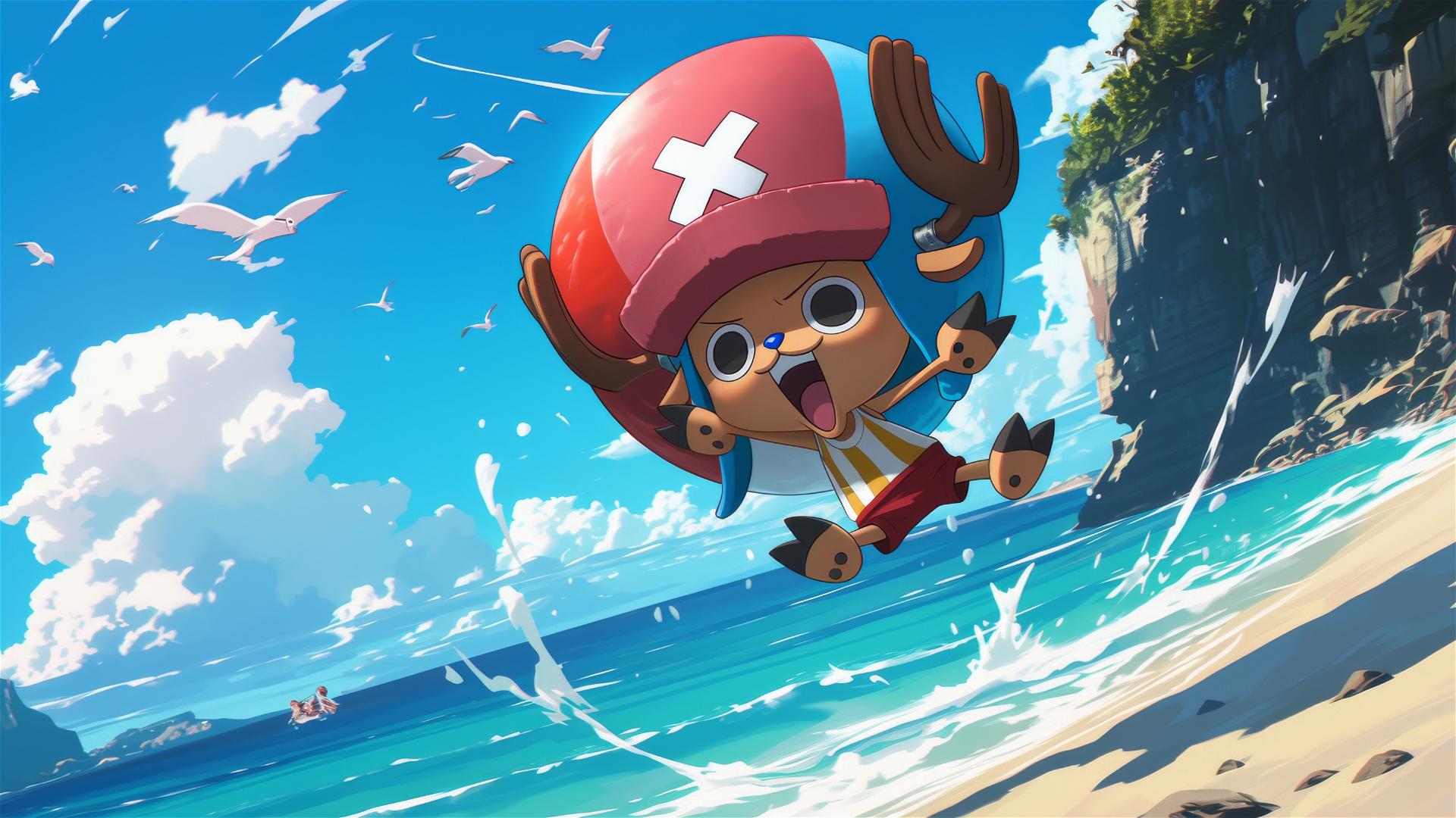 Chopper from One Piece on beach ball by ocean