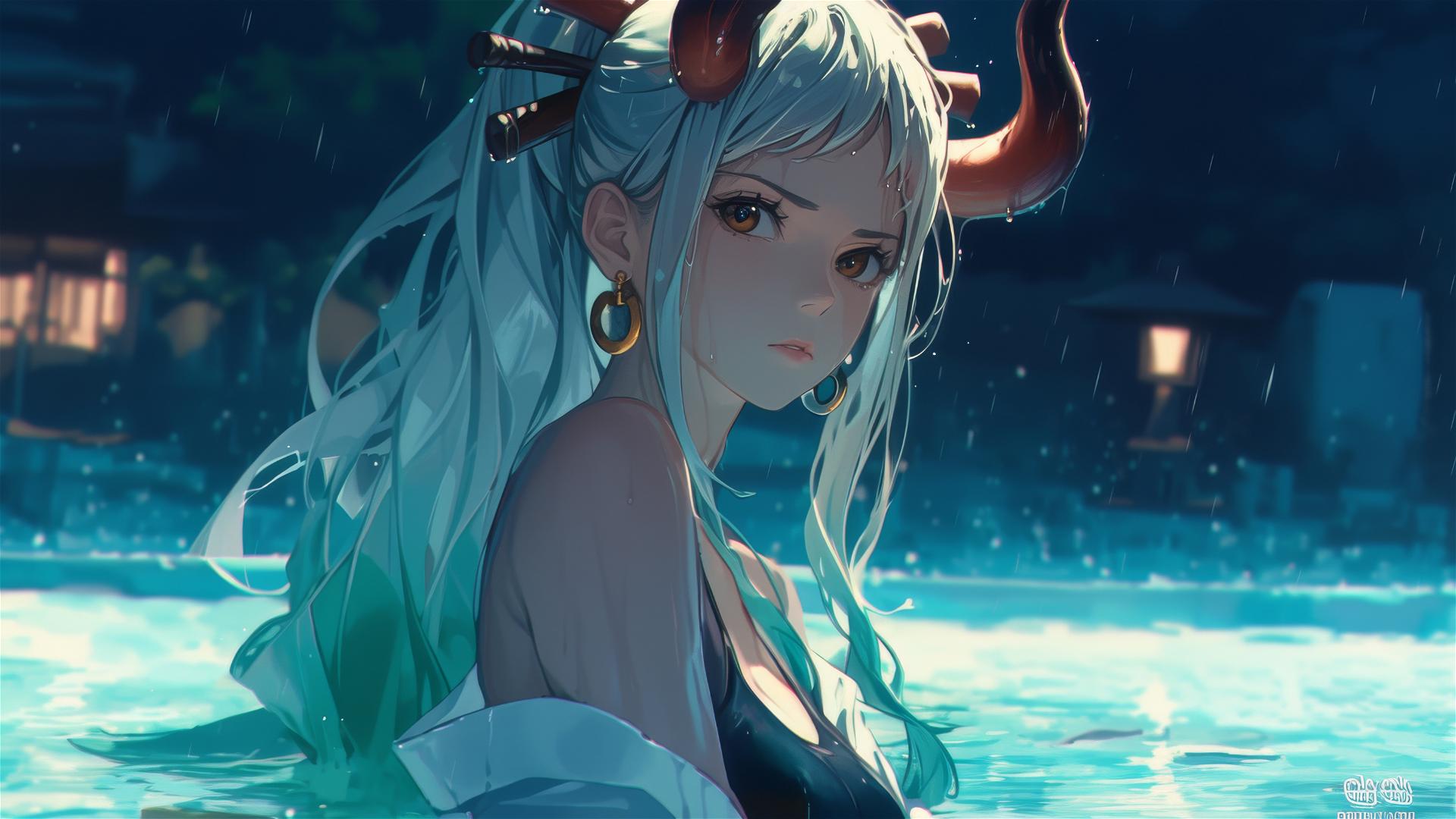 Yamato from One Piece in a rainy pool under moonlight