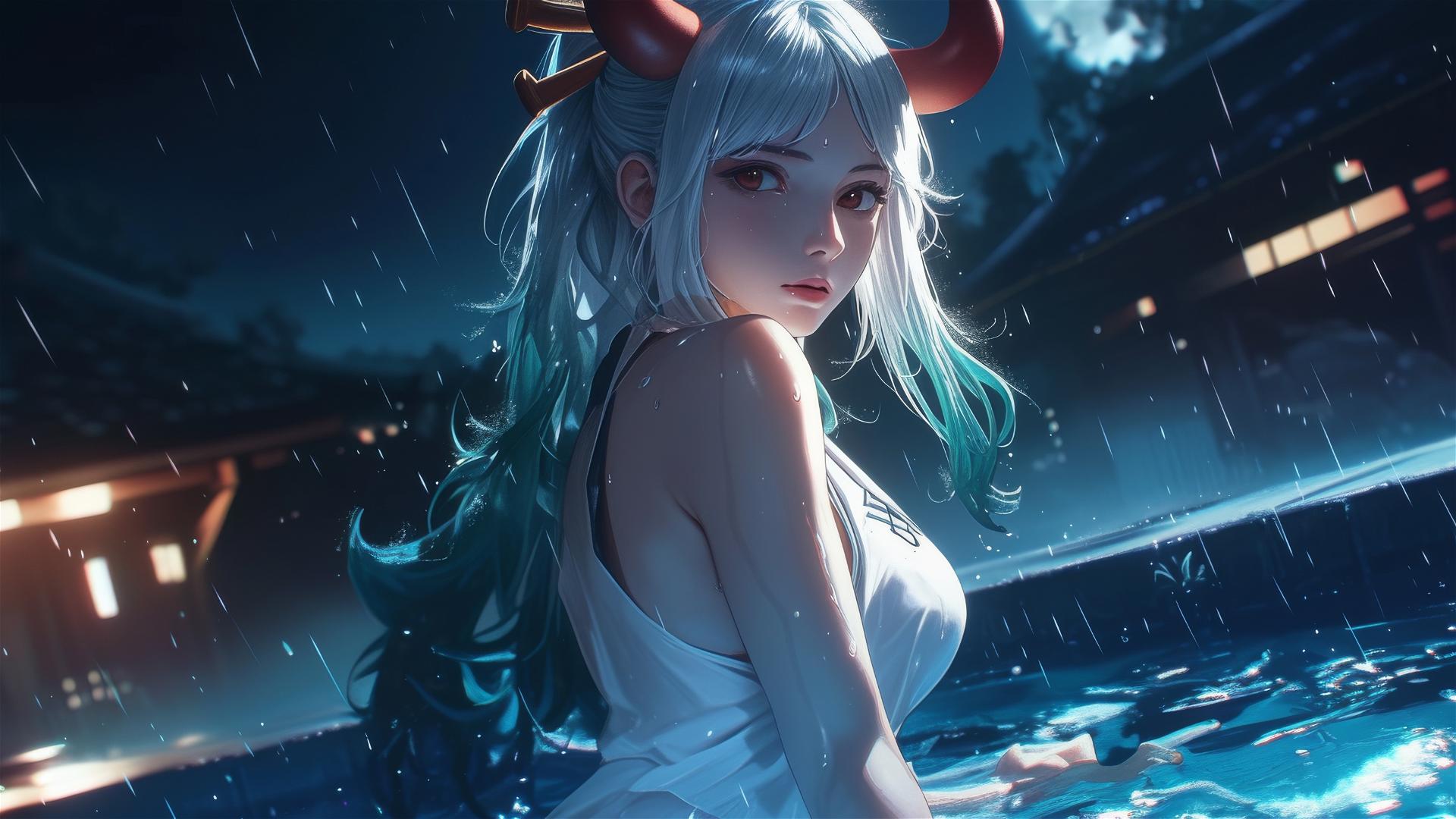Yamato from One Piece in rainy pool with moonlit glow