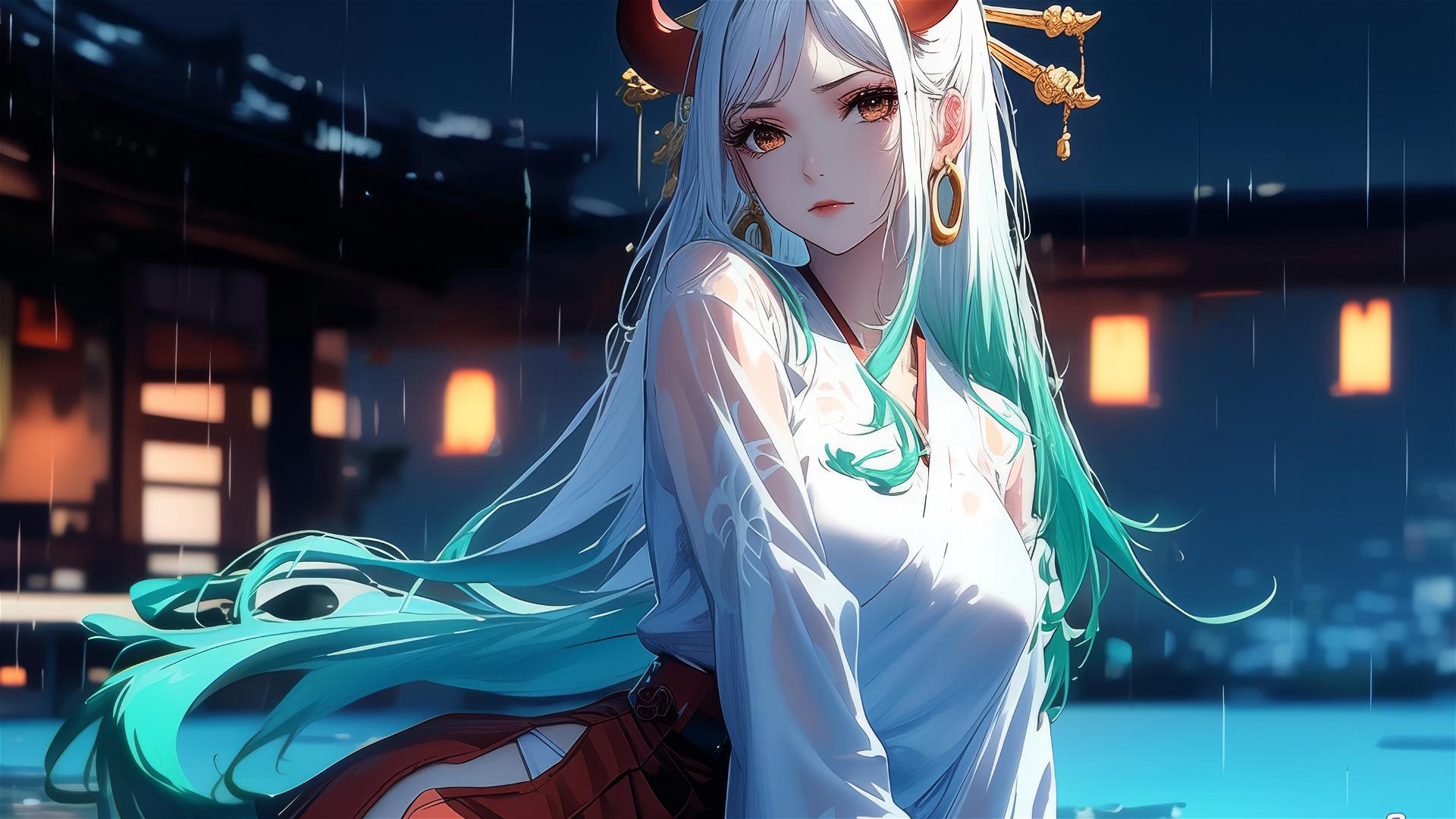Yamato from One Piece standing in a pool under moonlight in rain wearing a white dress