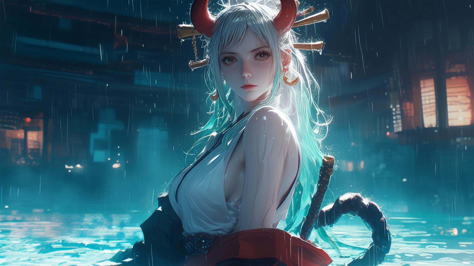 Yamato from One Piece standing in a pool with moonlit rain