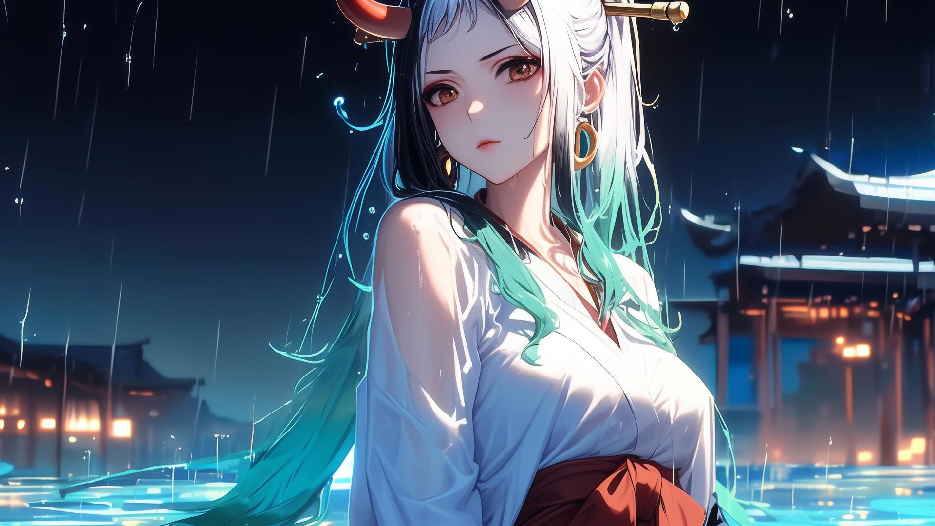 Yamato from One Piece standing in a pool under moonlight with rain, dressed in white