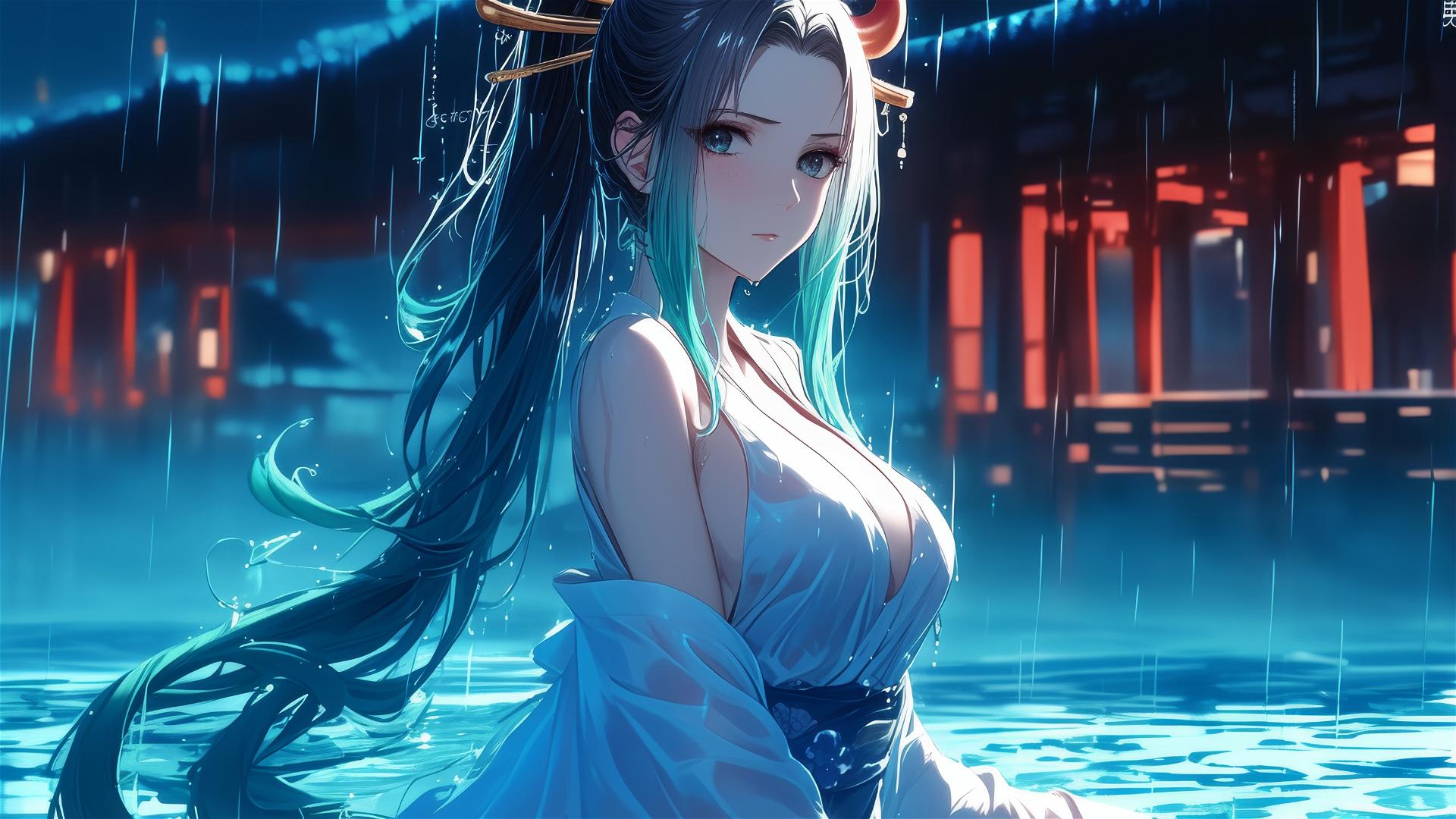 Yamato from One Piece standing in a rain-filled pool under moonlight