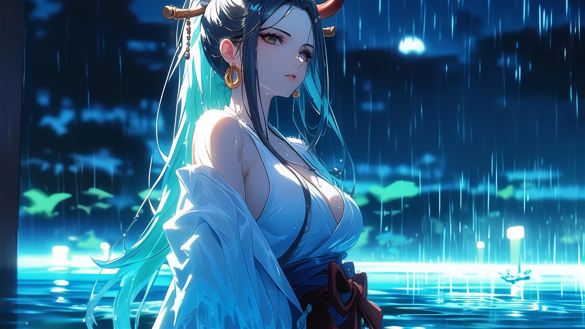 Yamato from One Piece standing in a pool under the moonlight, wearing a white dress in the rain