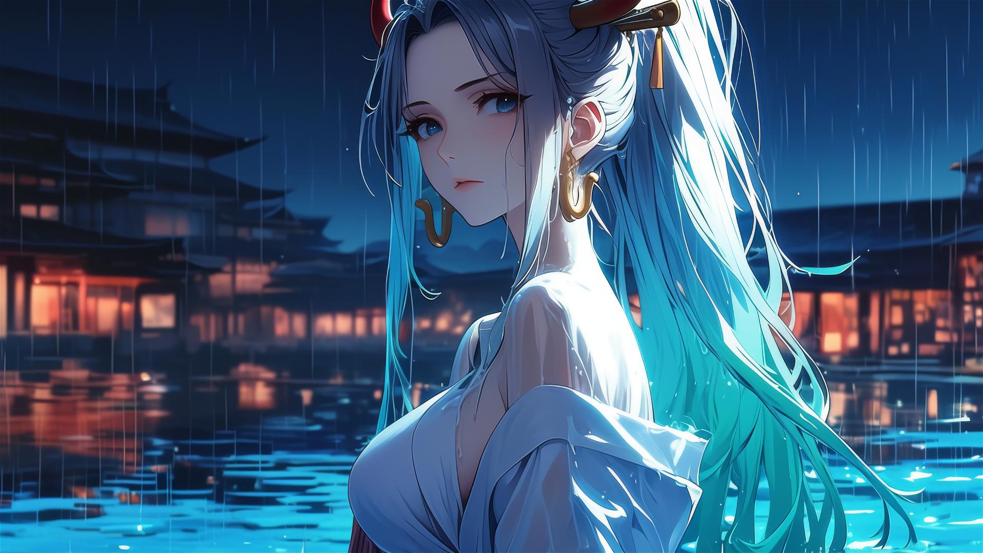 Yamato from One Piece standing in a pool with moonlight and rain