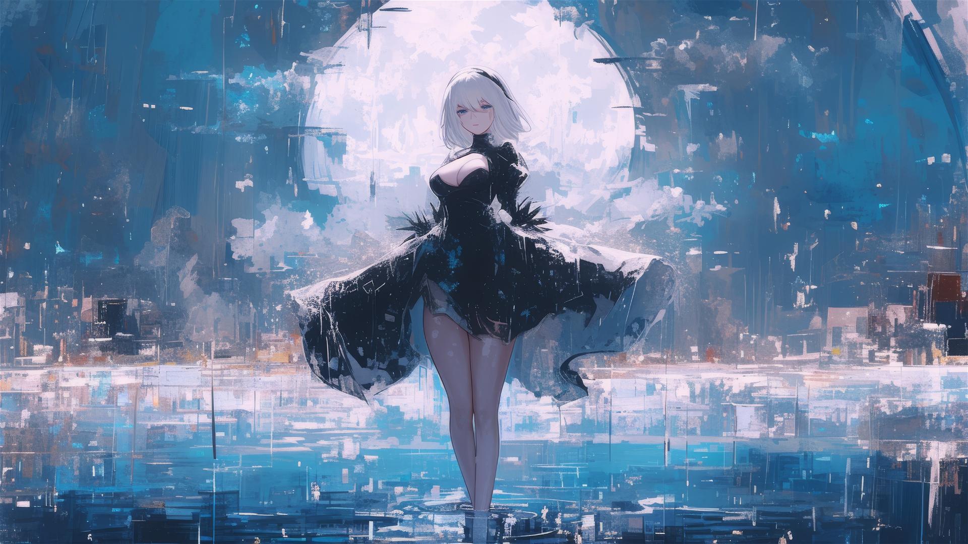 2B from Nier standing in a rainy pool with moonlight casting a glow on her white dress