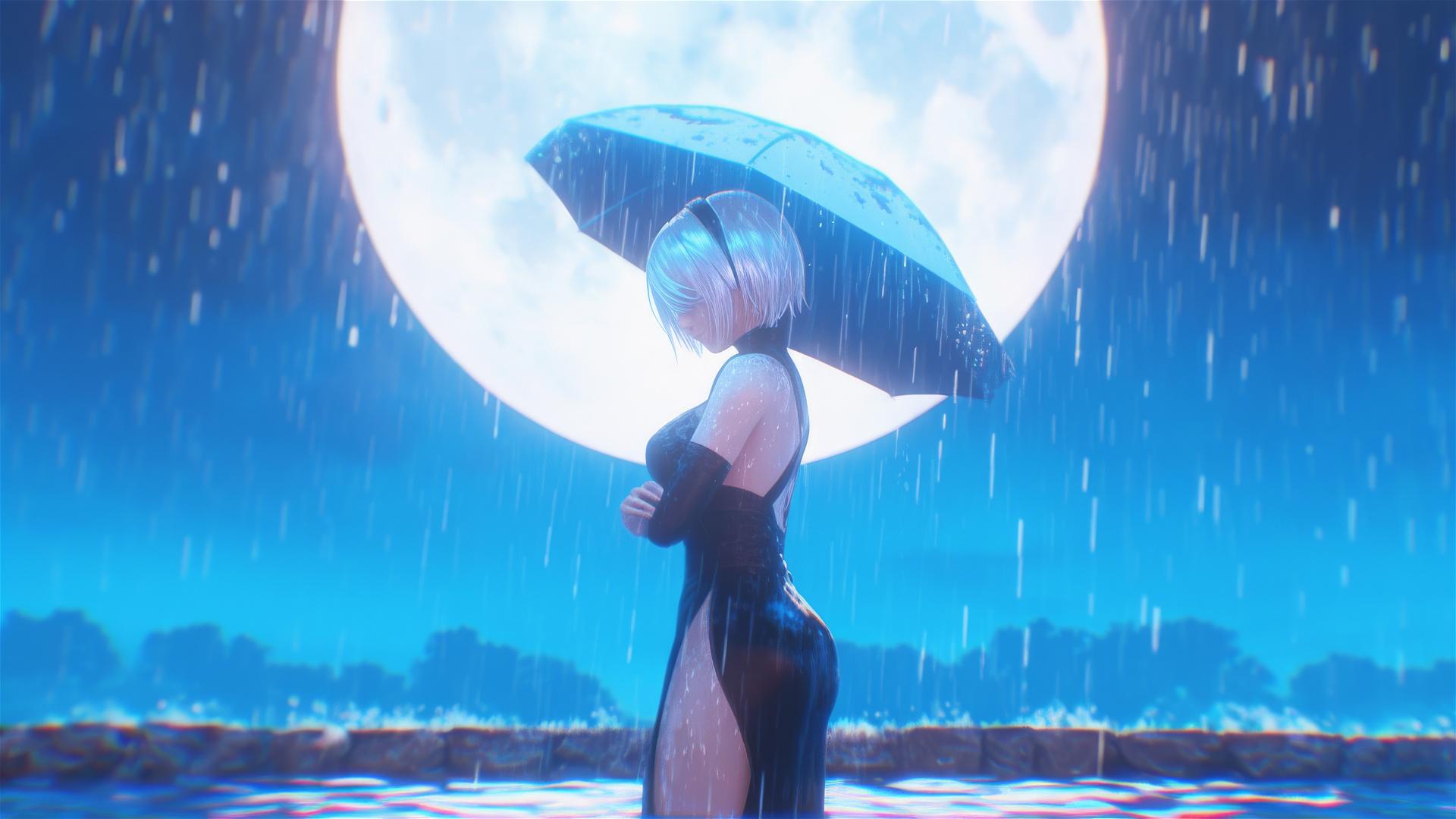 2B from Nier Automata standing in a pool under the moonlight, dress in white