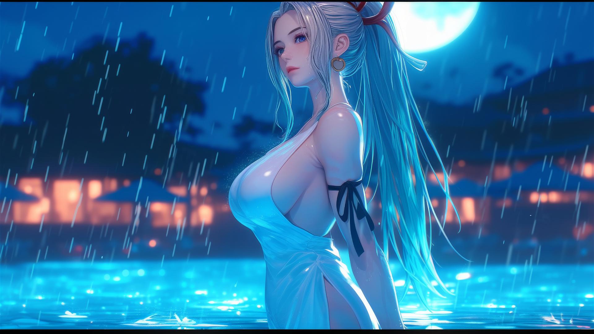 Yamato from One Piece exiting a pool under moonlight, rainy scene, white dress, surreal.