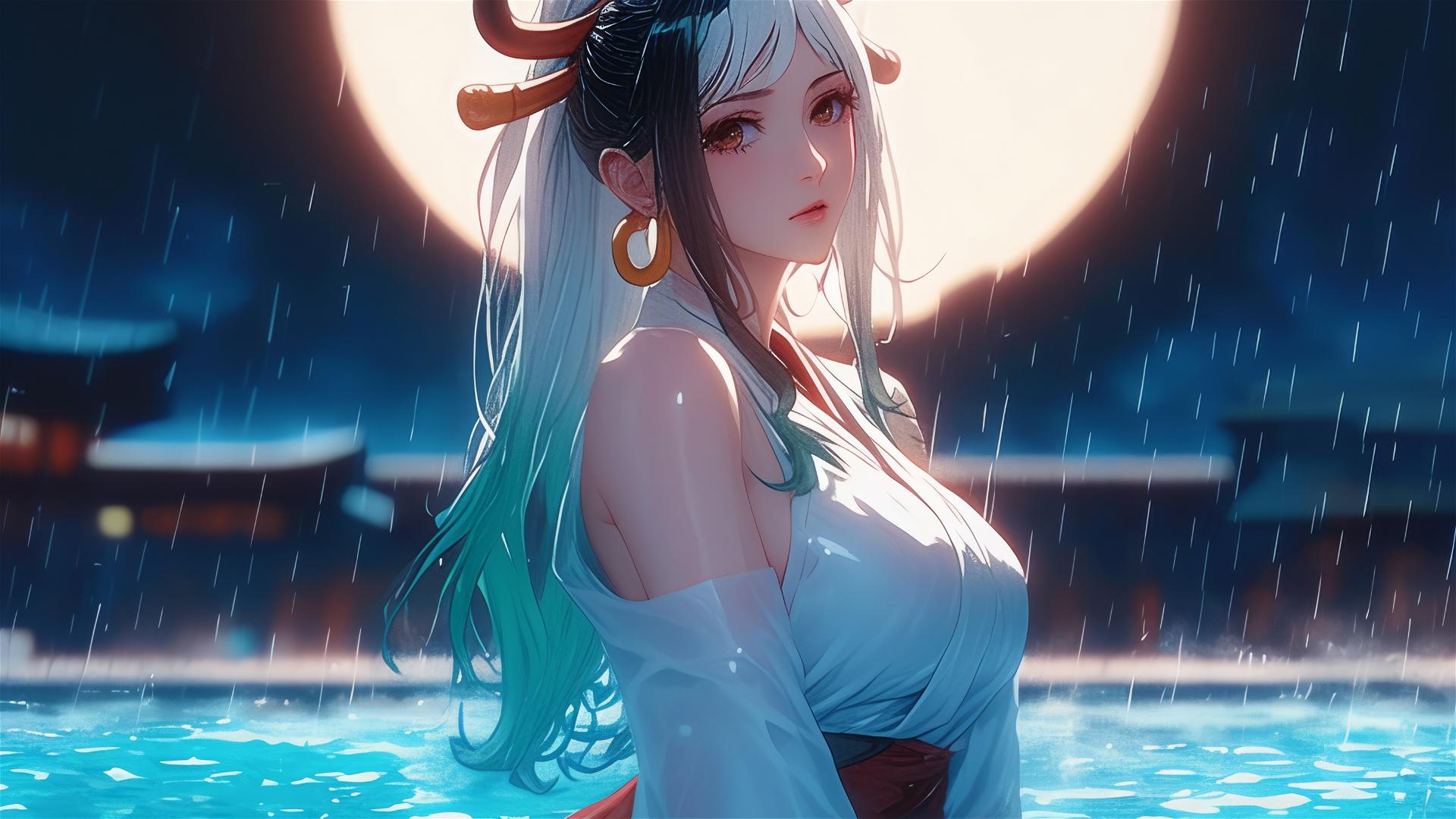 Yamato from One Piece stepping out of a pool in the moonlight, white dress, surreal 8K
