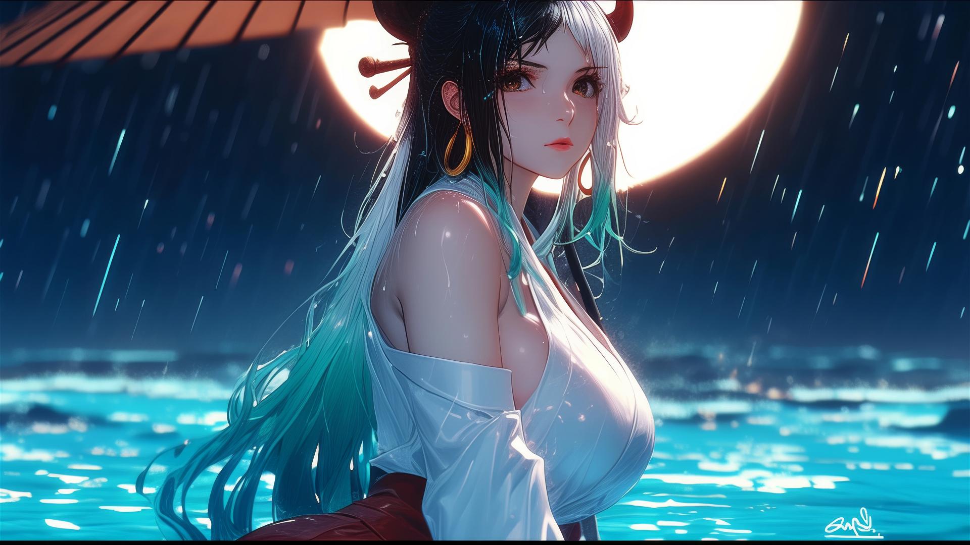 Yamato from One Piece stepping out of a pool under moonlight