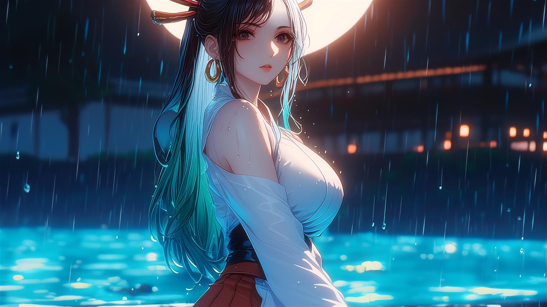 Yamato from One Piece stepping out of a pool, moonlit and rain-drenched