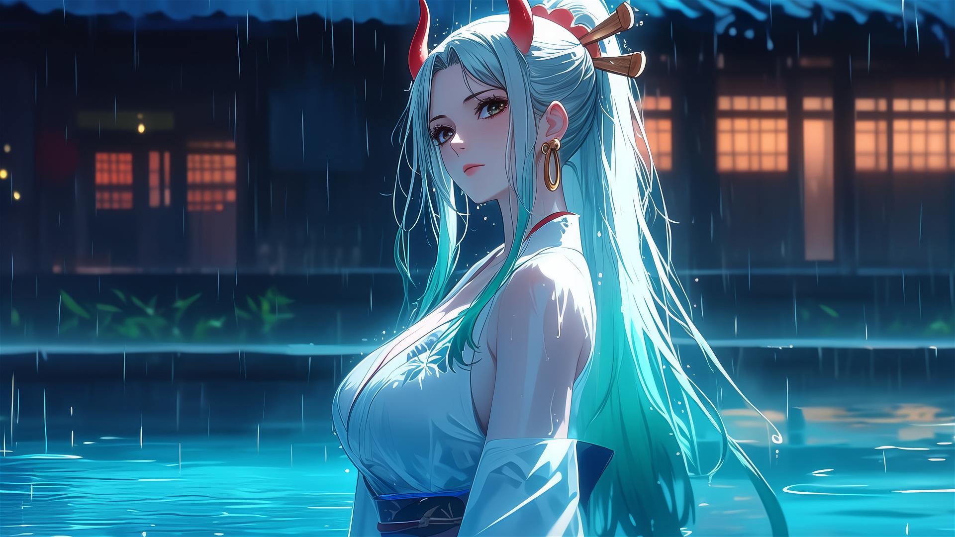 Yamato from One Piece standing in a rainy pool with moonlit glow