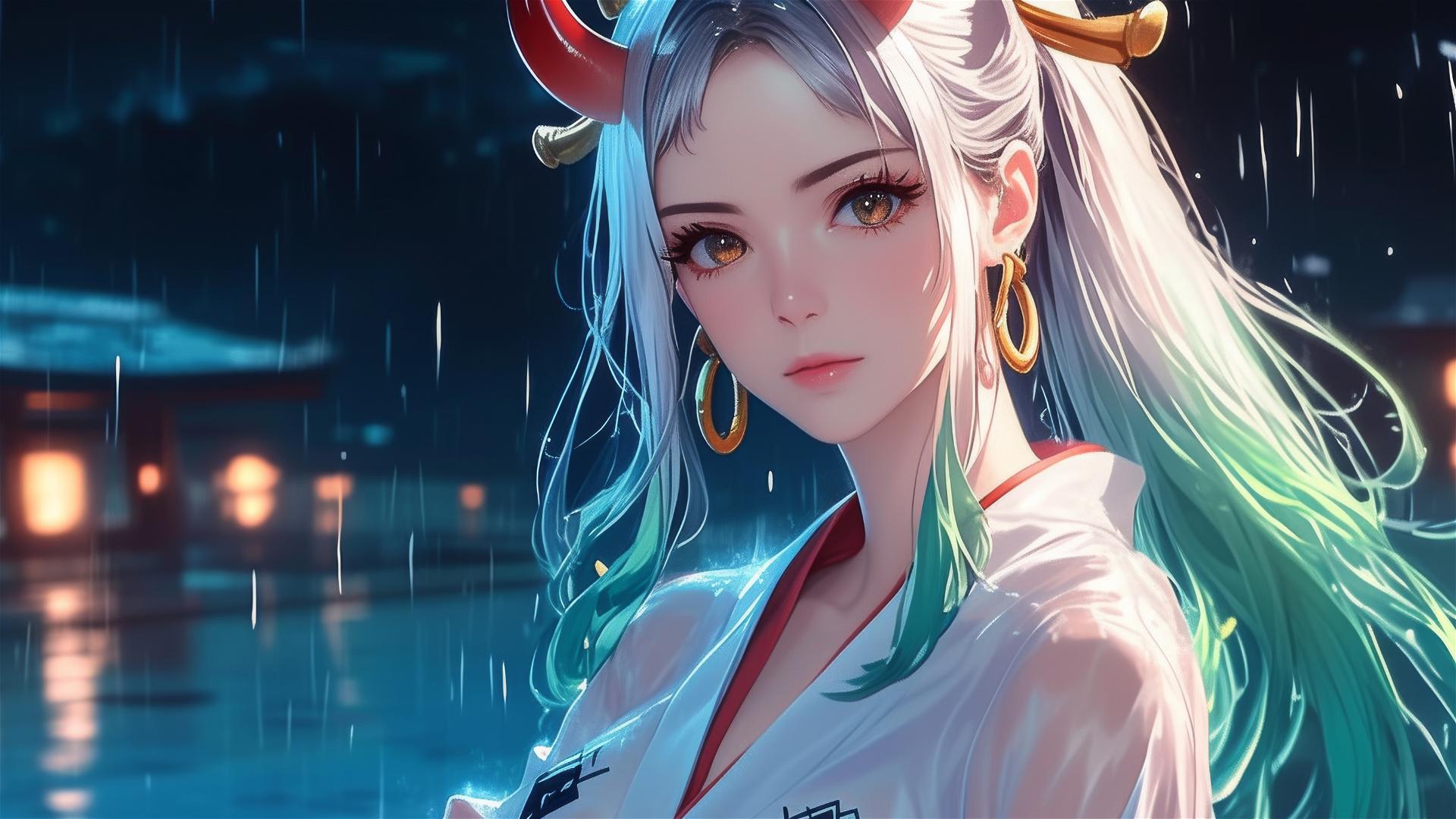 Yamato from One Piece standing in a rainy pool under moonlight