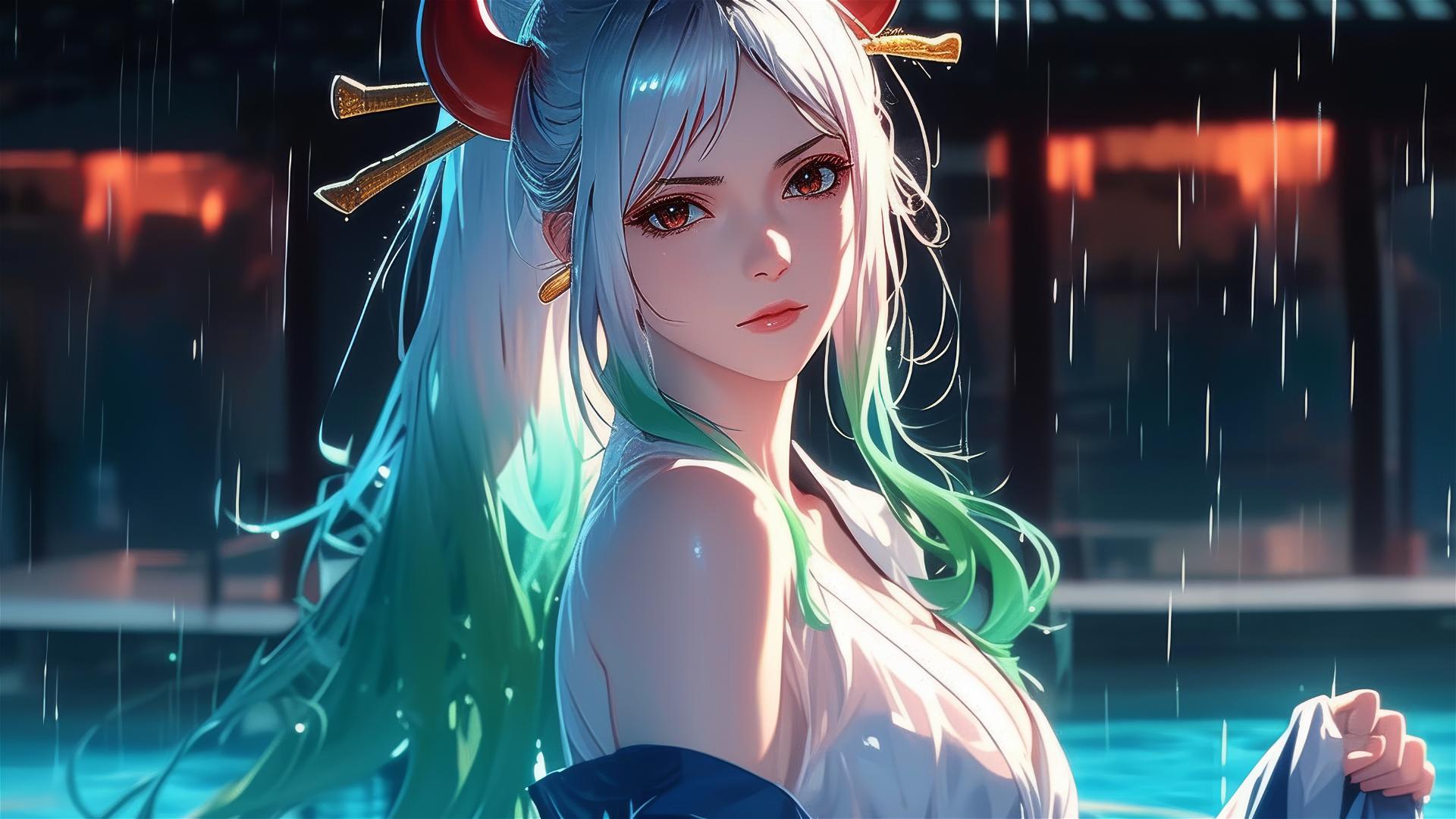 Yamato from One Piece in rainy pool with moonlight glow