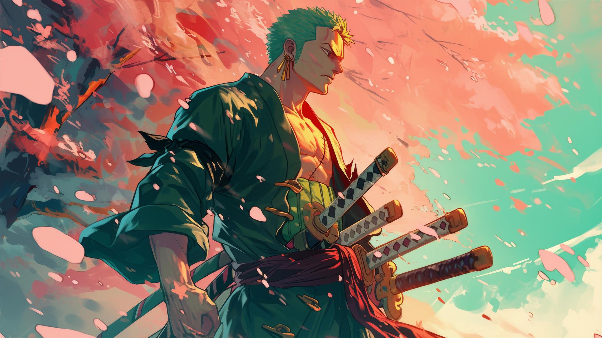 Roronoa Zoro in Wano, cherry blossoms, sunset light, Aykut Aydogdu style