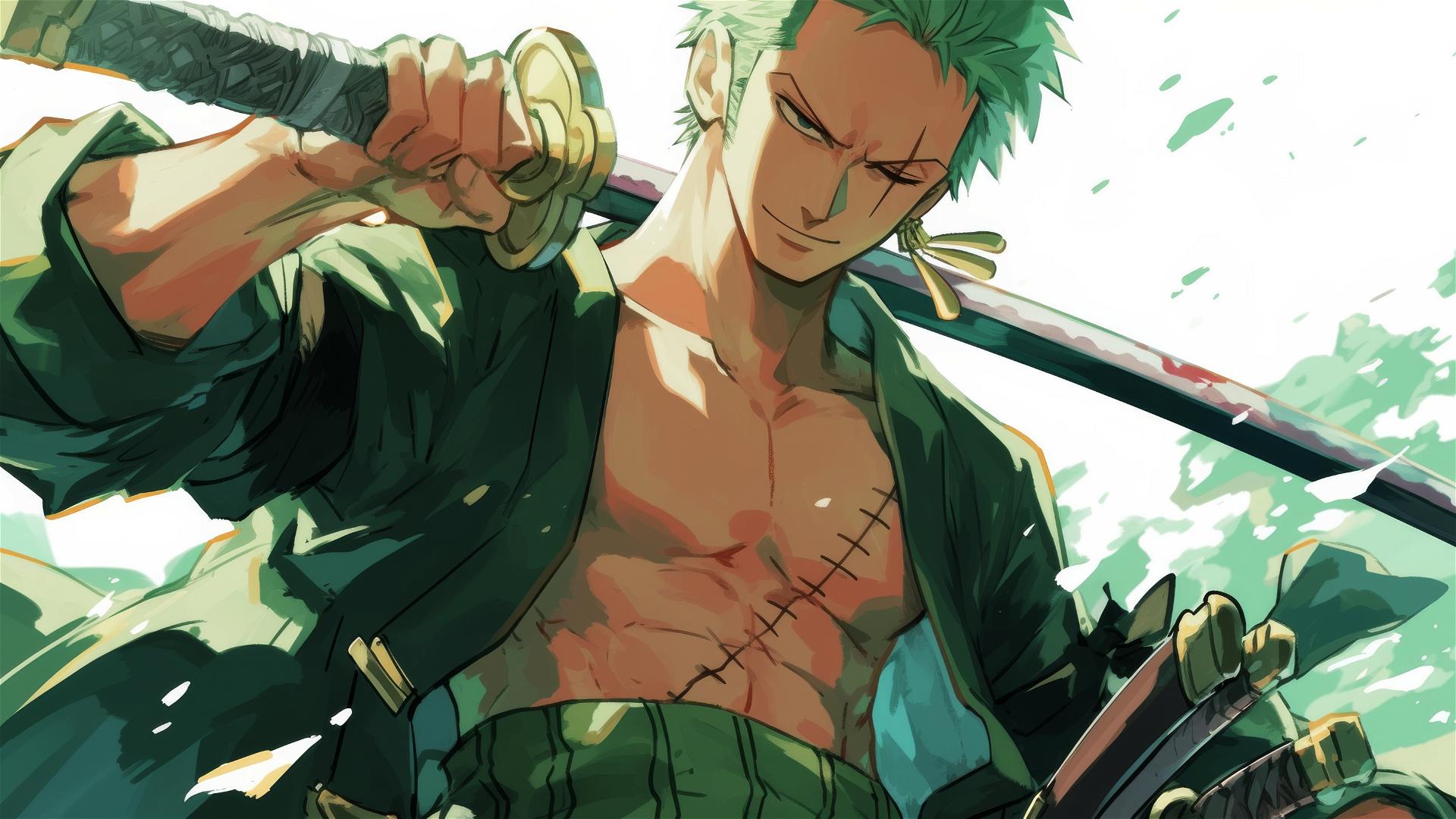 90's Anime Studio Ghibli style Roronoa Zoro from One Piece