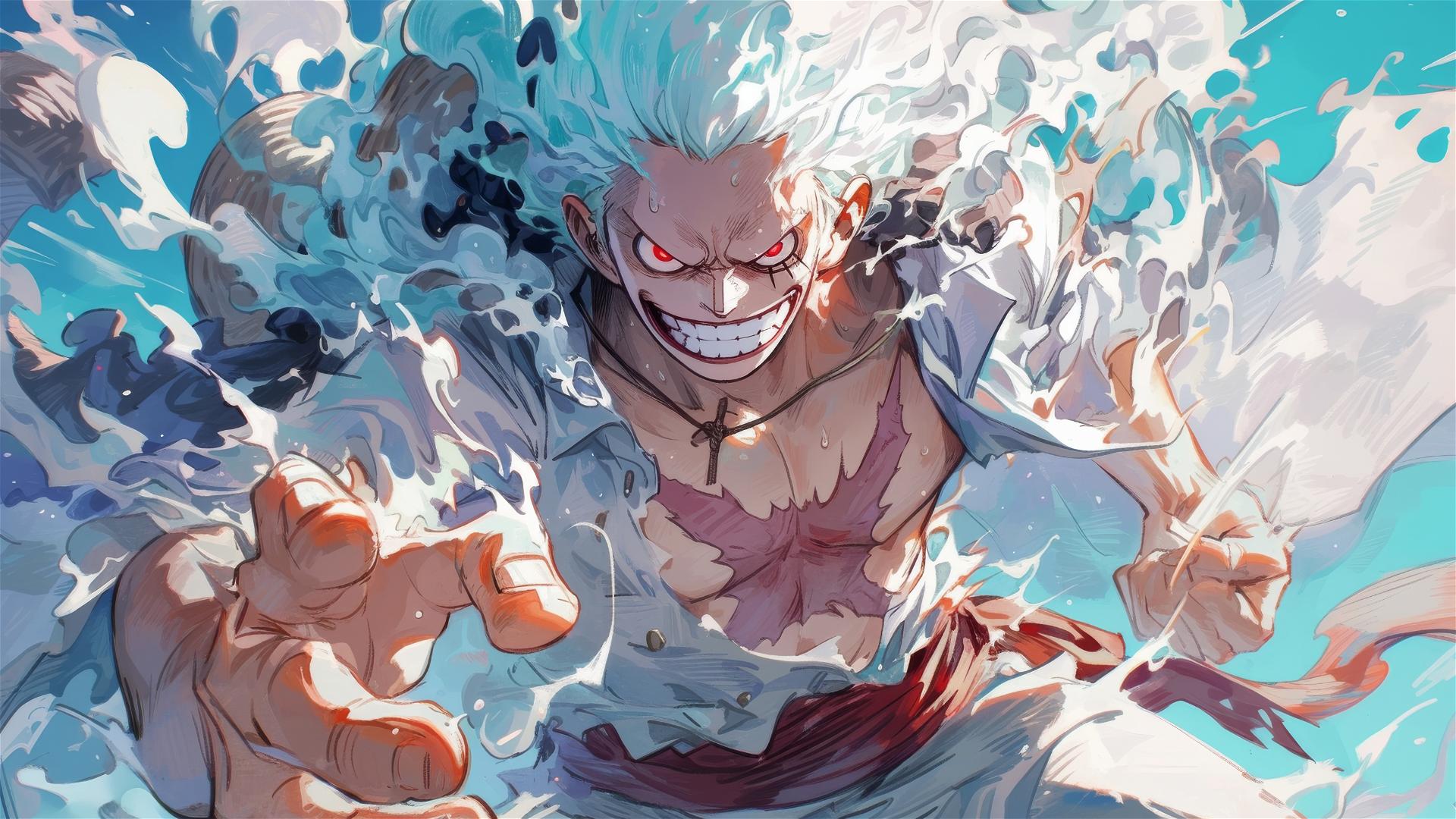 Luffy with white flame-like hair and garments, red glowing eyes, playful yet powerful aura