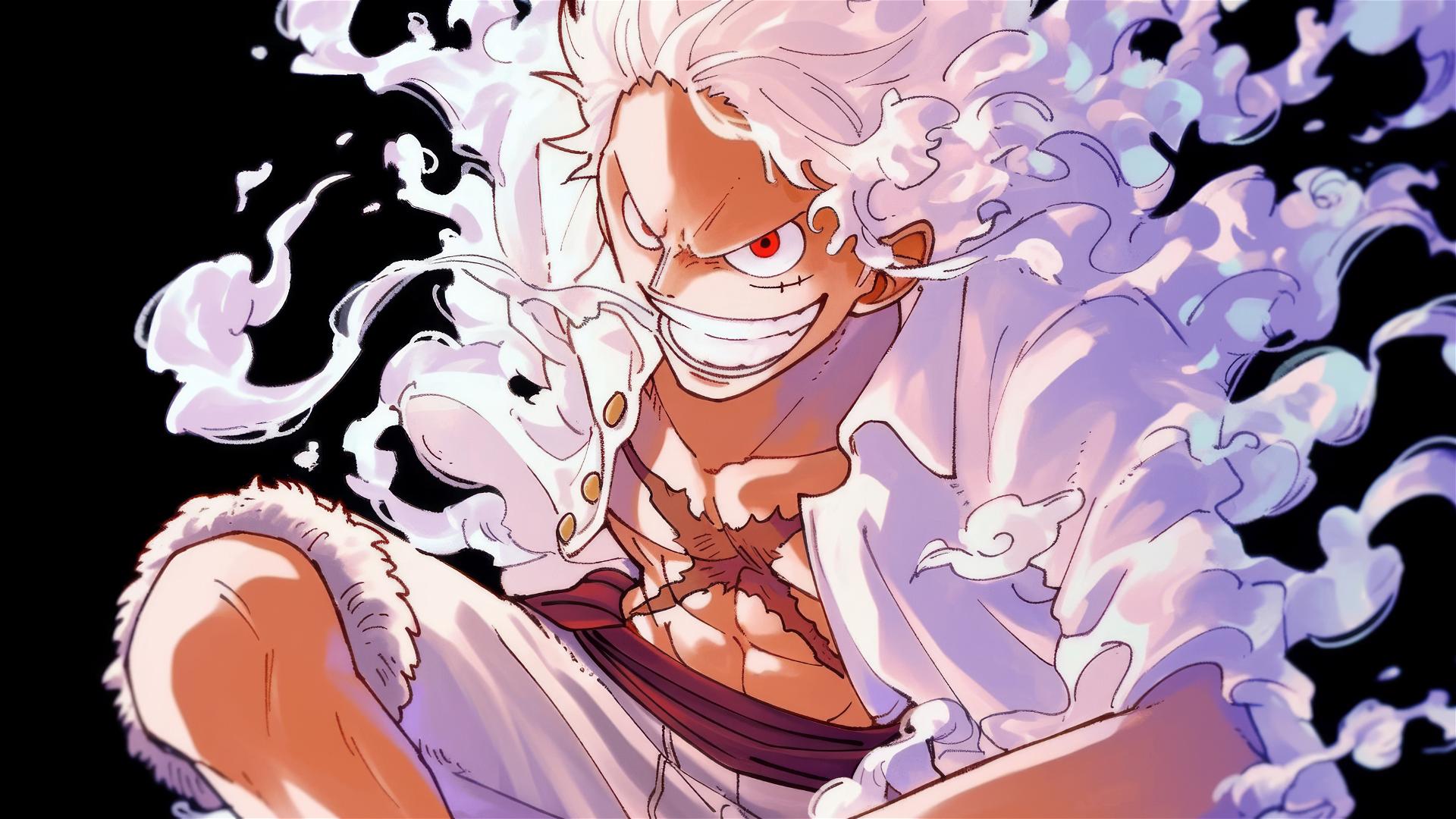 Luffy with white hair and garments, red glowing eyes, and a powerful aura
