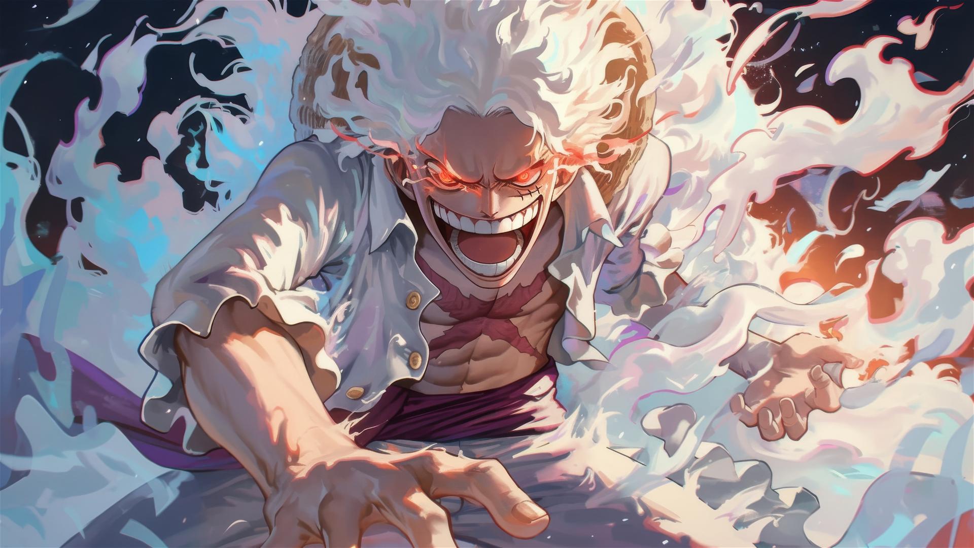 Luffy with white flame-like hair, red glowing eyes, and white attire