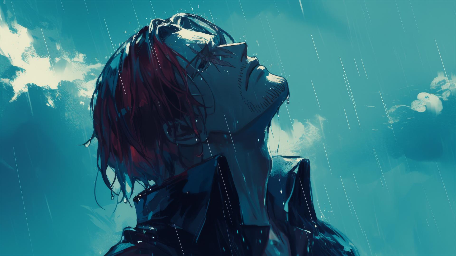 Shanks from One Piece in the rain looking at stormy sky