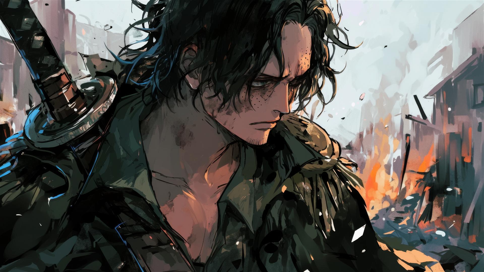 Ace from One Piece in burnt village ruins with solemn expression