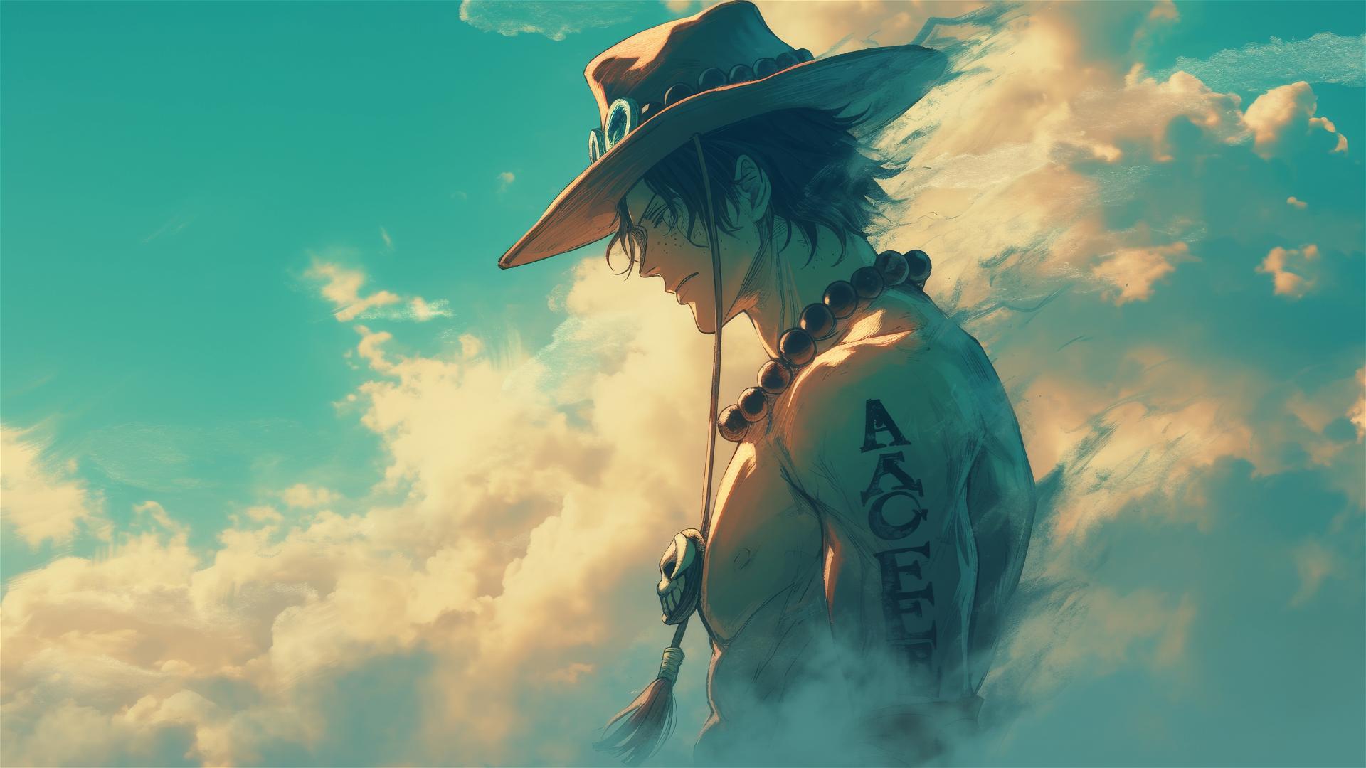 Ace from One Piece in calm, subdued fire, foggy morning view
