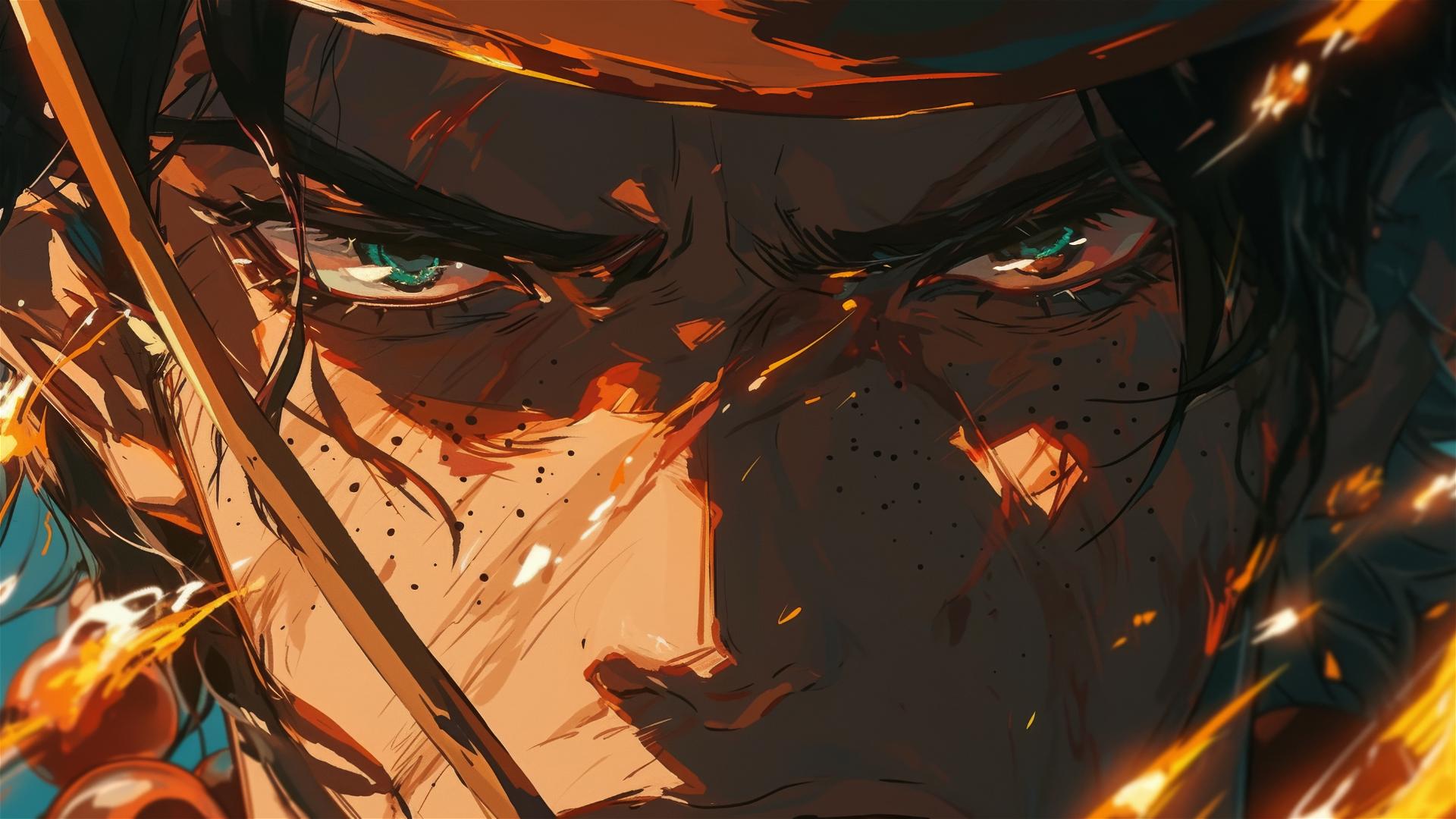 Close-up of Ace from One Piece with fiery glow in eyes