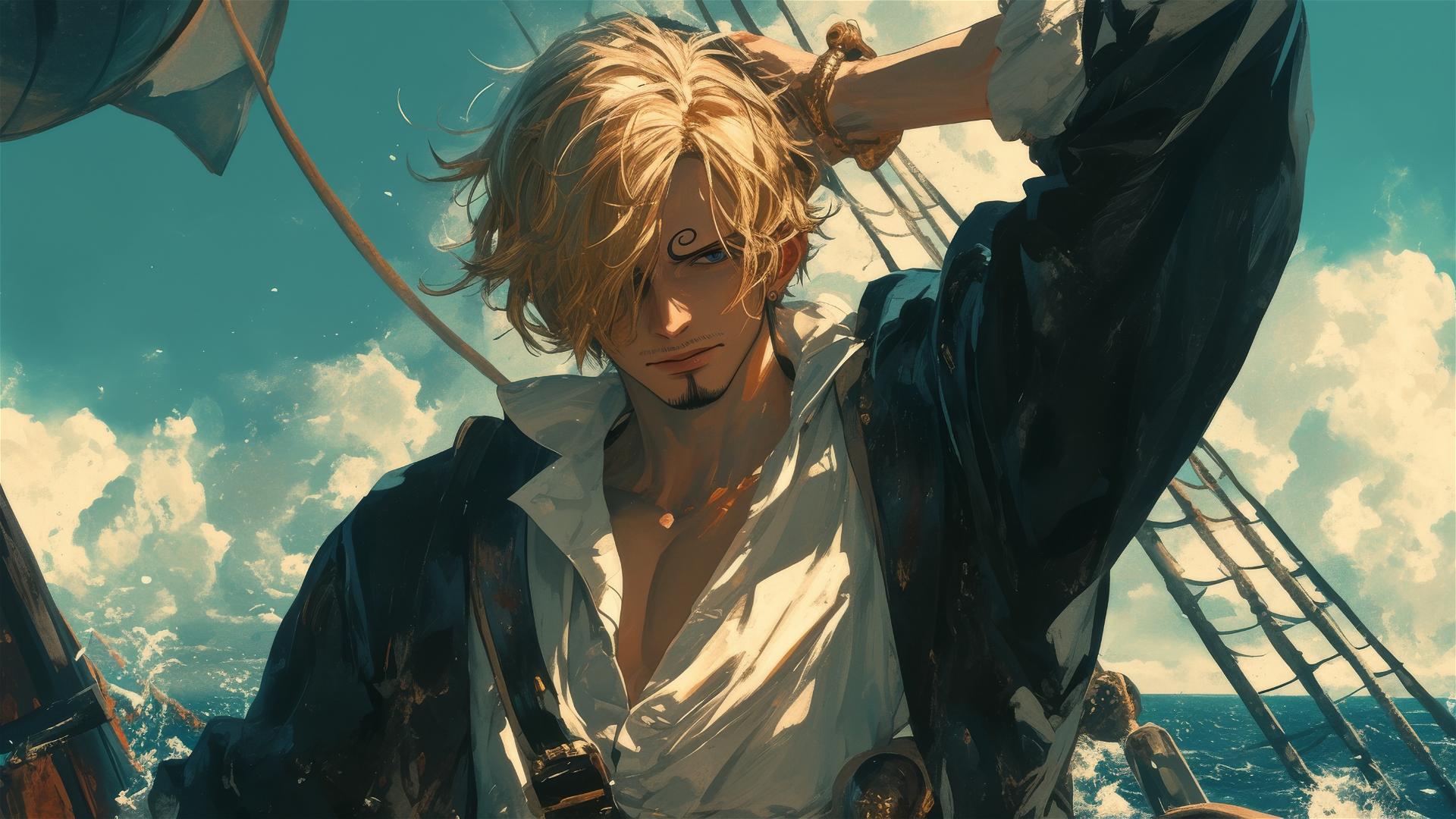 Sanji from One Piece at ship's bow facing storm with wind in hair