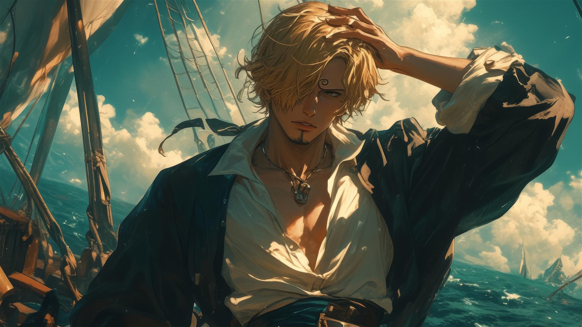 Sanji from One Piece standing at ship's bow with wind in his hair facing a storm
