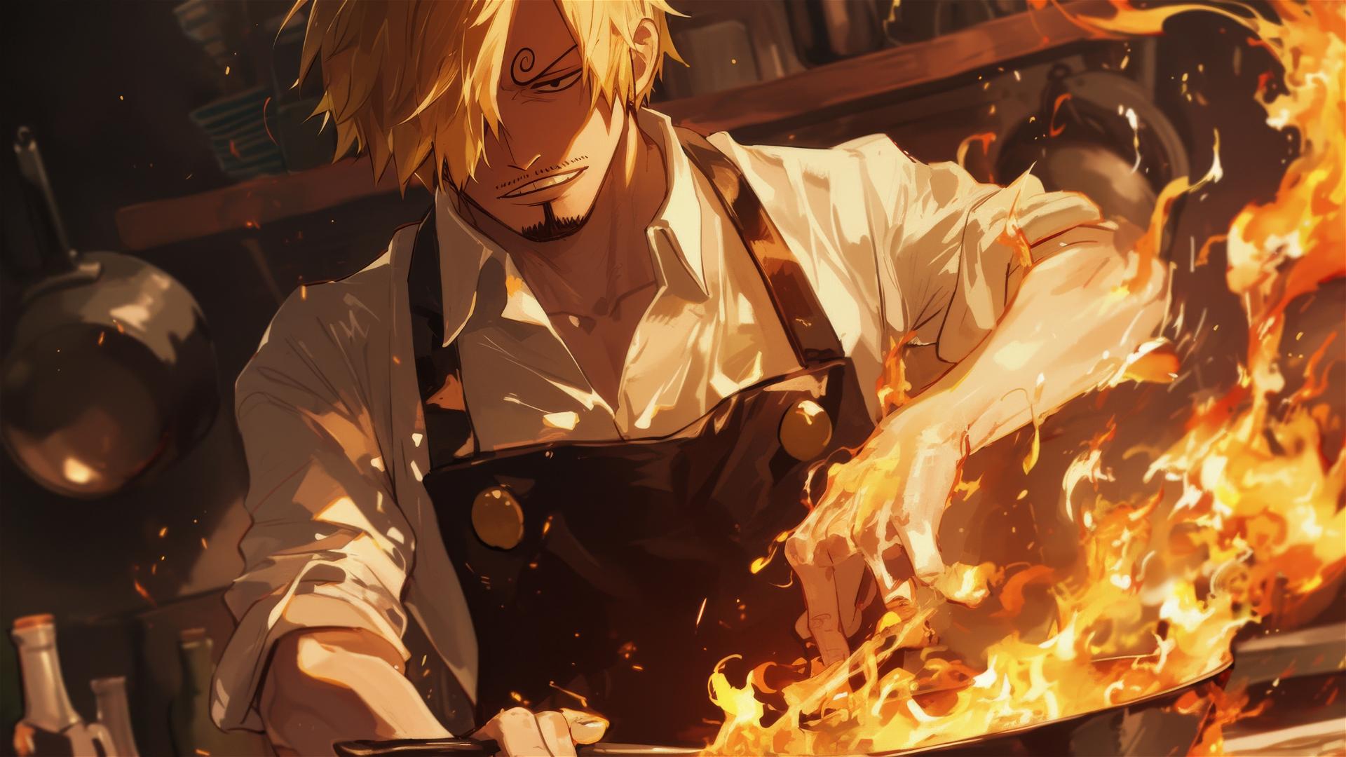 Sanji from One Piece with flames leaping from a pan in the kitchen
